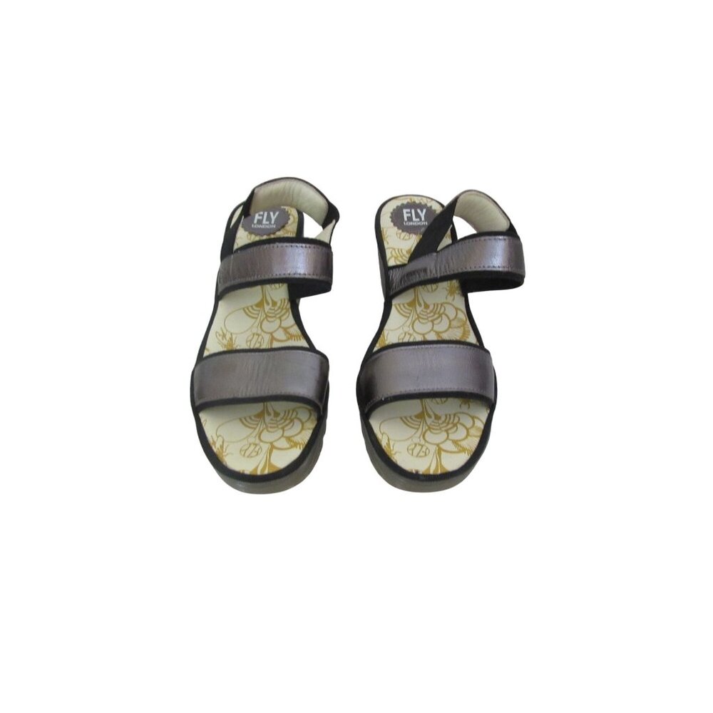 Fly London Yaco Graphite Leather Wedge Sandals US9 EU40